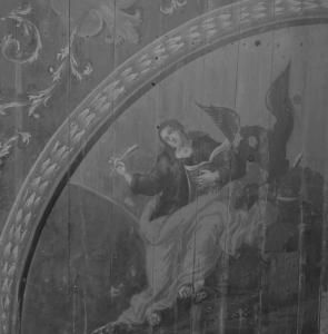 Dr Ewa Doleżyńska-Sewerniak - rekonstrukcja (na podstawie czarno-białych zdjęć) niezachowanych lub zachowanych częściowo scen przedstawiających postacie Ewangelistów na barokowym stropie w kościele grekokatolickim w Górowie Iławeckim